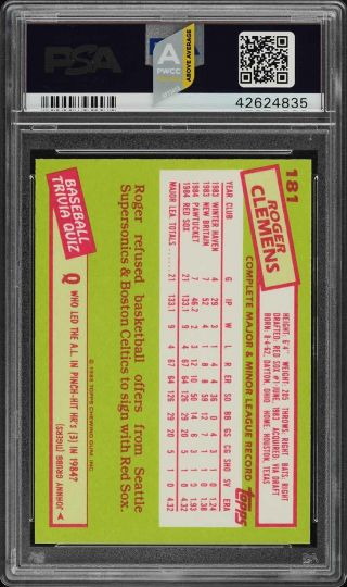 1985 Topps Tiffany Roger Clemens ROOKIE RC 181 PSA 9 (PWCC - A) 2