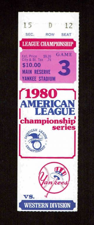 1980 Alcs Game 3 Ticket Stub Kansas City Royals Vs York Yankeeshfa