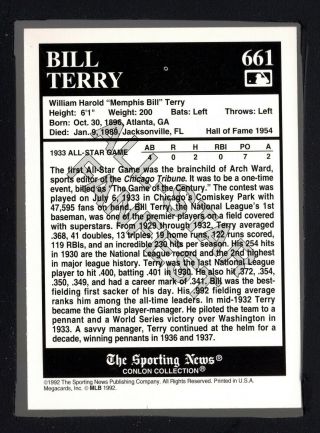 1992 Conlon TSN All - Star Fanfest 661 Bill Terry HT 17569 2