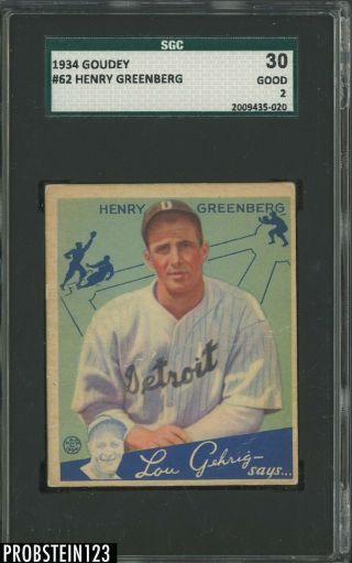 1934 Goudey 62 Hank Greenberg Detroit Tigers Hof Sgc 30 Good 2