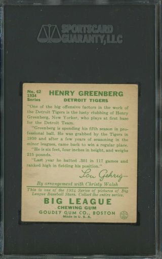 1934 Goudey 62 Hank Greenberg Detroit Tigers HOF SGC 30 GOOD 2 2