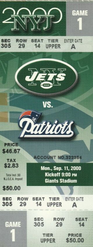 2000 England Patriots Vs York Jets Ticket Stub Game 1