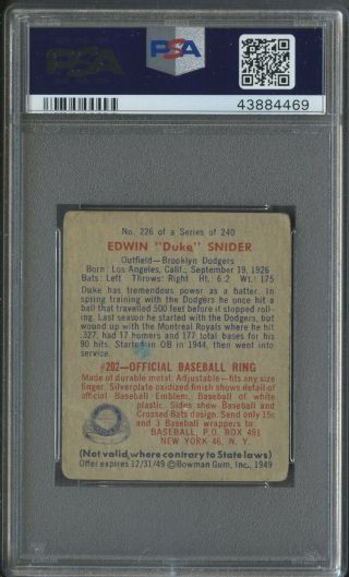 1949 Bowman 226 Edwin Duke Snider Brooklyn Dodgers RC Rookie HOF PSA 2 Good 2