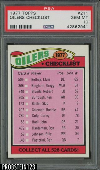 1977 Topps Football 211 Houston Oilers Checklist Psa 10 Gem