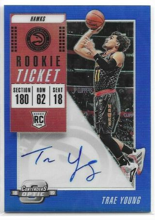 Trae Young Rc 2018 - 19 Panini Contenders Optic Rookie Ticket Auto Blue Prizm 9/99