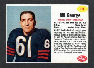 1962 Post Cereal Football 114 Bill George Wake Forest Chicago Bears Ex - A