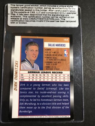 1998 - 99 Topps 154 Dirk Nowitzki Auto Rookie Card - CAS Certified - RC 2