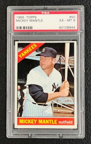 York Yankees Mickey Mantle 1966 Topps 50 Psa Ex - Mt 6 Well Centered