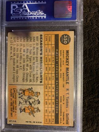 1960 Topps Mickey Mantle York Yankees 350 PSA 5 EX 04075340 4