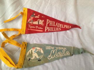 Vintage 1950s - 60s 11 " Felt Baseball Pennants Ny Mets & Philadelphia Phillies