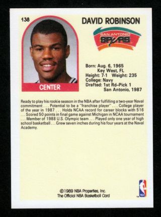 1989 - 1990 Hoops DAVID ROBINSON San Antonio Spurs Navy NBA Rookie Card 138, 2