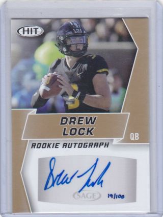 Drew Lock 2019 Sage Hit Auto Autograph Gold Rc Rookie 19/100 Denver Broncos