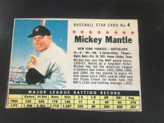 1961 Post Cereal 4 Mickey Mantle York Ny Yankees Baseball Card