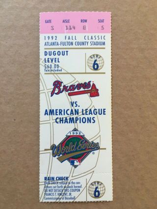 1992 World Series Ticket Stub Game 6 Blue Jays @ Braves