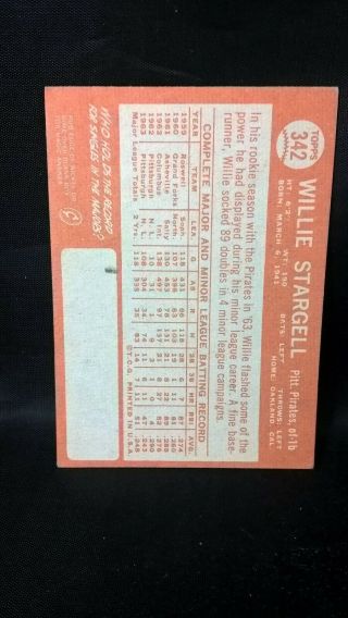 1964 Topps Willie Stargell 342 Pittsburgh Pirates Baseball Card EX - EX, 2