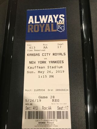 5/26/19 May 26,  2019 Yankees Vs Royals Gleyber Torres Hr Stub Ticket