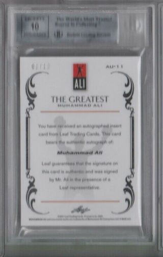 2012 Leaf The Greatest Silver MUHAMMAD ALI BGS 9 10 Auto ed 01/10 Autograph 2