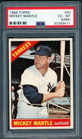 1966 Topps Mickey Mantle 50 Psa 6 Ex - Mt (mk).  Nicely Centered Very Faint Mark