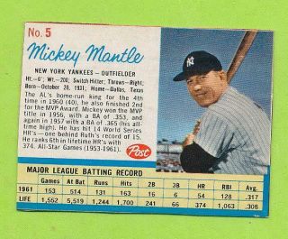 1962 Post Cereal Card - Mickey Mantle (5) York Yankees Great Shape