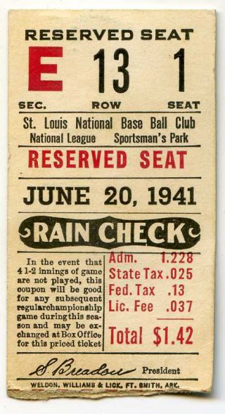 June 20 1941 St.  Louis Cardinals Vs York Giants Ticket Stub Sportsman 