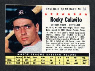 1961 Post Cereal 36 Rocky Colavito Detroit Tigers Sp (box Version) Ex - A