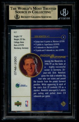 1998 - 99 UD Upper Deck Dirk Nowitzki /1000 Rookie Encore Gold F/X BGS 9.  5 2