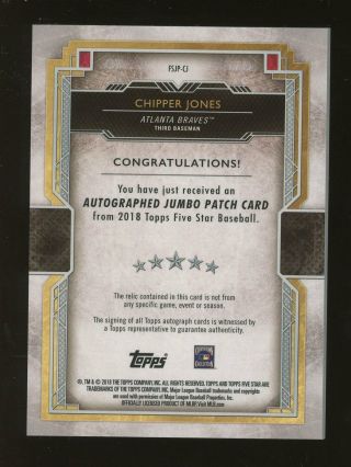 2018 Topps Five Star Chipper Jones Braves Game 3 - Color Jumbo Patch AUTO /10 2
