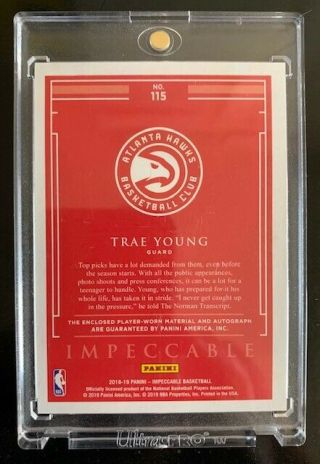 Great TRAE YOUNG RC - 2018 - 2019 Panini Impeccable Auto Jersey RC 90/99 2