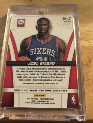 Joel Embiid Rookie Auto Prizm Red One Rare Card 2