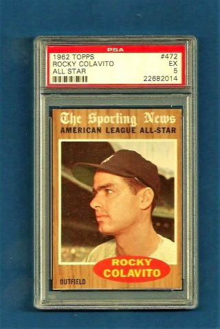 1962 Topps Baseball Card 472 Rocky Colavito American League All - Star Psa 5 Ex
