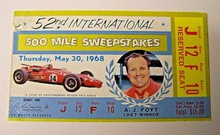 1968 Indianapolis 500 Indy 500 Motor Speedway Race Ticket Stub