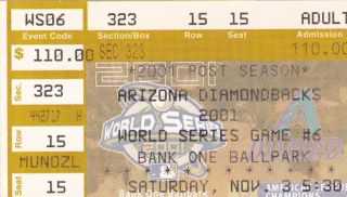 2001 World Series Arizona Diamondbacks Vs York Yankees Ticket Stub Game 6