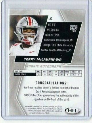 2019 SAGE HIT TERRY MCLAURIN RC GOLD AUTO A7 /100 OHIO STATE REDSKINS PD 2