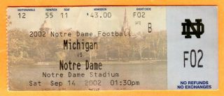 9/14/02 Notre Dame/michigan Football Ticket Stub