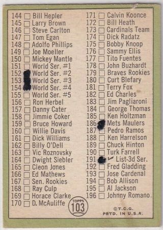 MICKEY MANTLE VINTAGE 1967 TOPPS 2 ND SERIES CHECK LIST 103 GOOD SHAPE 2