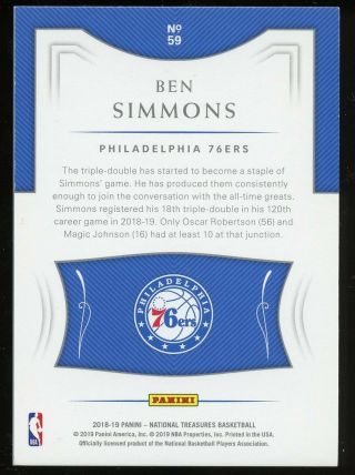 Ben Simmons 2018 - 19 National Treasures 1/99 01/99 76ers 2