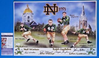 1953 Notre Dame Football Signed 12x16 Lithograph 4 Autographs Jsa R20620