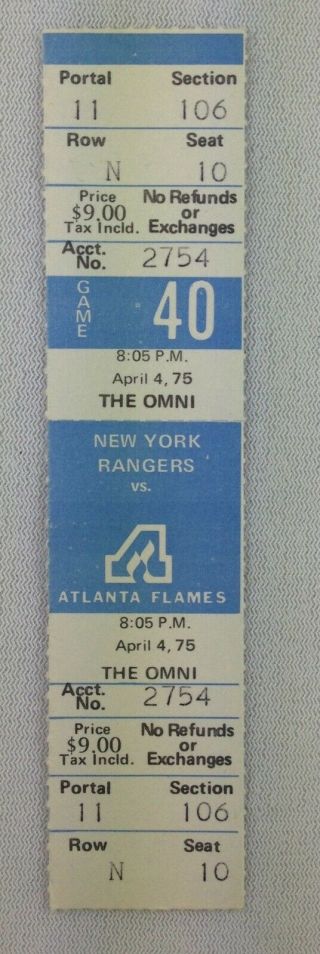 Nhl 1975 04/04 York Rangers Vs.  Atlanta Flames Full Ticket