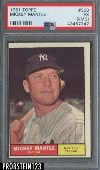 1961 Topps 300 Mickey Mantle York Yankees Hof Psa 5 Ex (mc)