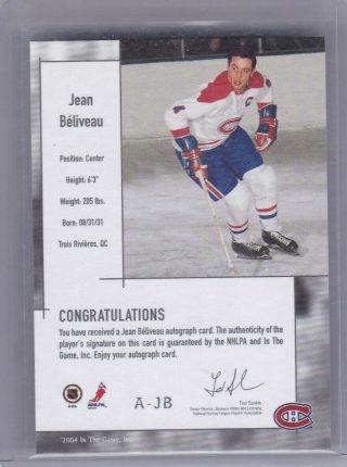 JEAN BELIVEAU 2003 - 04 ITG IN THE GAME AUTO AUTOGRAPH SP MONTREAL A - JB 2