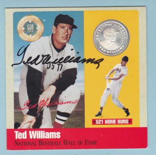 Ted Williams Signed 500 Club Baseball Hof Plaque (6 " X 6 ") & Silver Proof Coin