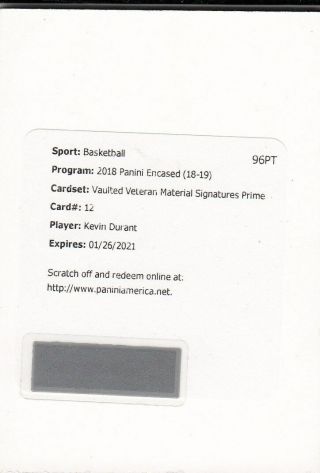 Kevin Durant 2018 - 19 Panini Encased Vaulted Prime Patch Auto /25