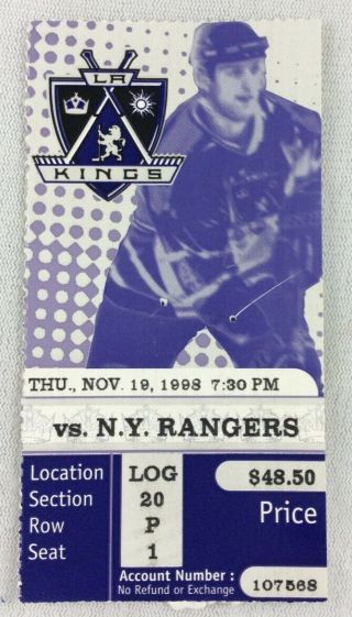 Nhl 1998 11/19 Ny Rangers At La Kings Hockey Ticket - Gretzky Assist - Kovalev 2 Gls