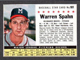 1961 Post Cereal 101 Warren Spahn Braves (box Version) Hof Ex - A