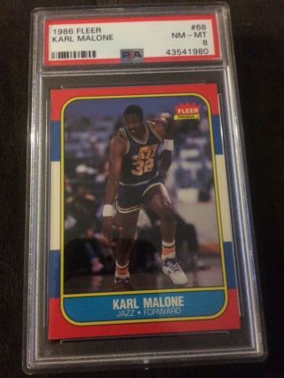 1986 Fleer Basketball 68 Karl Malone Utah Jazz Rc Rookie Hof Psa 8 Nm - Mt