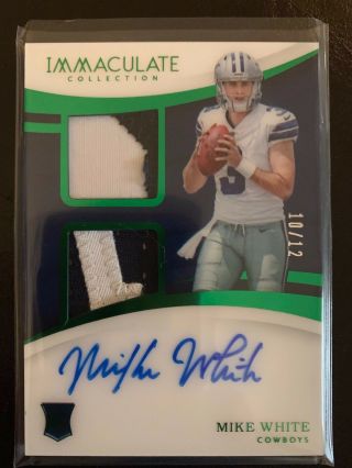 Mike White 2018 Immaculate Emerald Rc Auto Dual Patch 10/12 Cowboys B