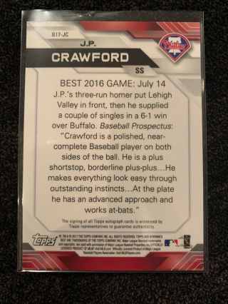 J.  P.  CRAWFORD 2017 BOWMAN ' S BEST GREEN REFRACTOR AUTO RC /99 SP MARINERS 3