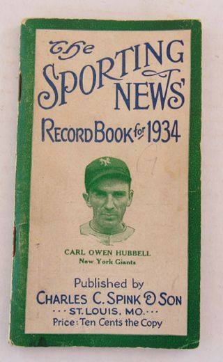 The Sporting News Record Book For 1934 Featuring Carl Hubbell Giants
