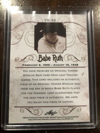 2016 Leaf Babe Ruth Yankee Stadium Relic Seat Card Yankees 1920s 1930s ’d 5/5 2