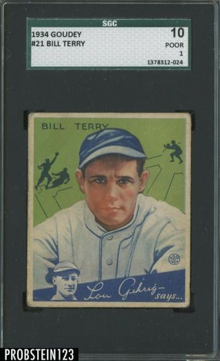 1934 Goudey 21 Bill Terry York Giants Hof Sgc 10 1